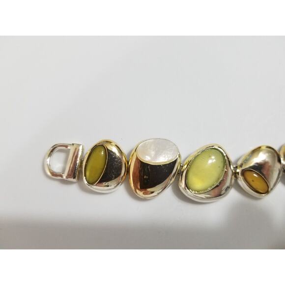Seven inch silvertone bracelet with inlay stones green yellow b45 - Picture 4 of 11